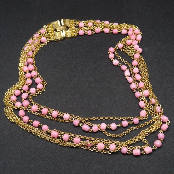 Vintage Pink Glass Multi Strand Necklace, Wide Gold Plated Clasp, 1950s - Picture 9 of 10